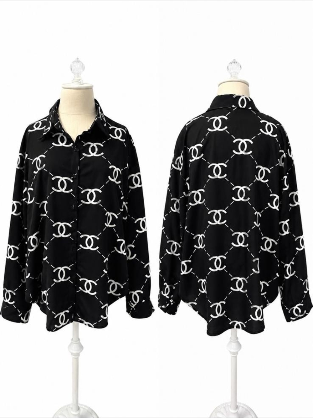CHANEL Black and White Logo Print Button-Up Jacket